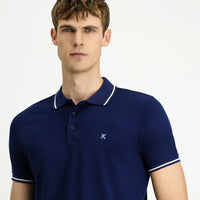 Orta Lacivert Polo Yaka Slim Fit Yumuşak Dokulu Nakışlı Pamuklu Likralı Esnek Tişört