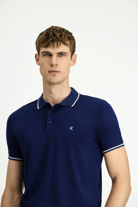 Orta Lacivert Polo Yaka Slim Fit Yumuşak Dokulu Pamuklu Likralı Esnek Tişört