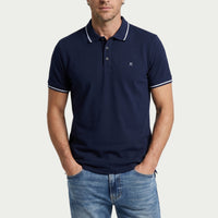 Orta Lacivert Polo Yaka Slim Fit Yumuşak Dokulu Nakışlı Pamuklu Likralı Esnek Tişört