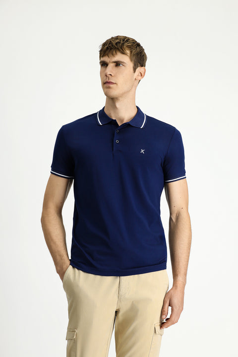 Orta Lacivert Polo Yaka Slim Fit Yumuşak Dokulu Nakışlı Pamuklu Likralı Esnek Tişört