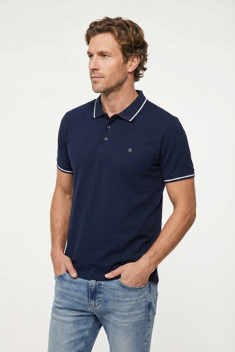 Orta Lacivert Polo Yaka Slim Fit Yumuşak Dokulu Nakışlı Pamuklu Likralı Esnek Tişört