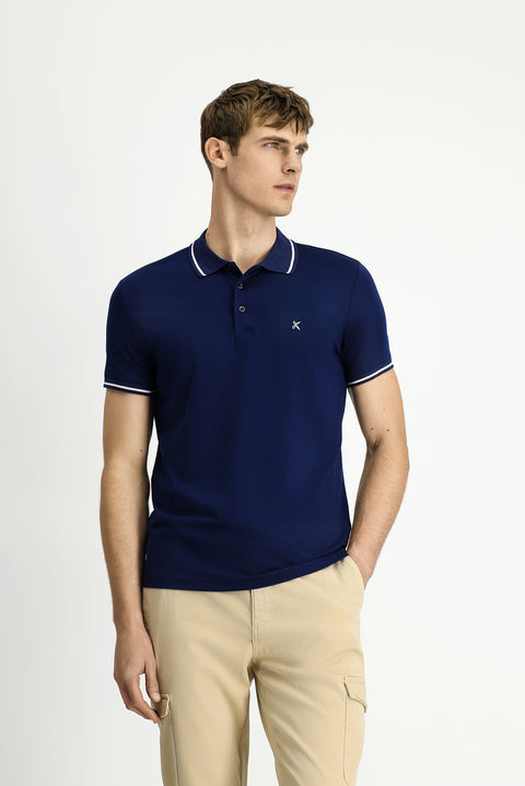 Orta Lacivert Polo Yaka Slim Fit Yumuşak Dokulu Nakışlı Pamuklu Likralı Esnek Tişört