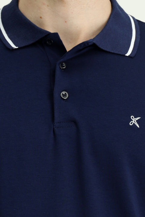 Orta Lacivert Polo Yaka Slim Fit Yumuşak Dokulu Nakışlı Pamuklu Likralı Esnek Tişört