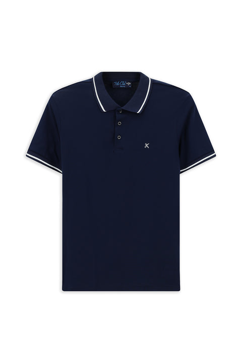 Orta Lacivert Polo Yaka Slim Fit Yumuşak Dokulu Nakışlı Pamuklu Likralı Esnek Tişört