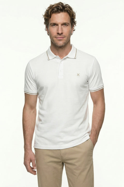 Beyaz Polo Yaka Slim Fit Yumuşak Dokulu Nakışlı Pamuklu Likralı Esnek Tişört