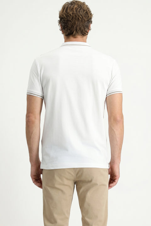 Beyaz Polo Yaka Slim Fit Yumuşak Dokulu Nakışlı Pamuklu Likralı Esnek Tişört