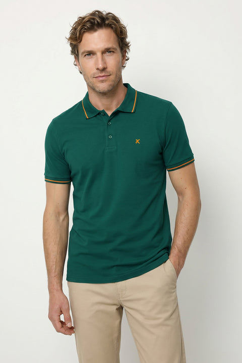 Koyu Yeşil Polo Yaka Slim Fit Yumuşak Dokulu Nakışlı Pamuklu Likralı Esnek Tişört