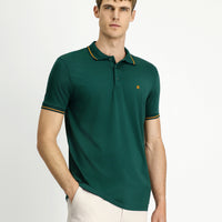 Dark Green Polo Shirt, Slim Fit, Soft Textured, Embroidered, Cotton Lycra, Stretchy T-Shirt