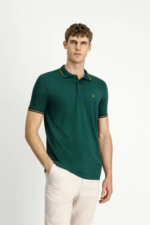 Dark Green Polo Shirt, Slim Fit, Soft Textured, Embroidered, Cotton Lycra, Stretchy T-Shirt