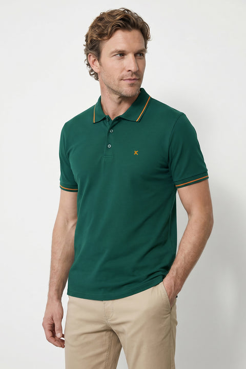 Koyu Yeşil Polo Yaka Slim Fit Yumuşak Dokulu Nakışlı Pamuklu Likralı Esnek Tişört