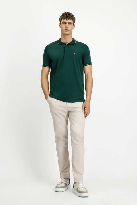 Dark Green Polo Shirt, Slim Fit, Soft Textured, Embroidered, Cotton Lycra, Stretchy T-Shirt