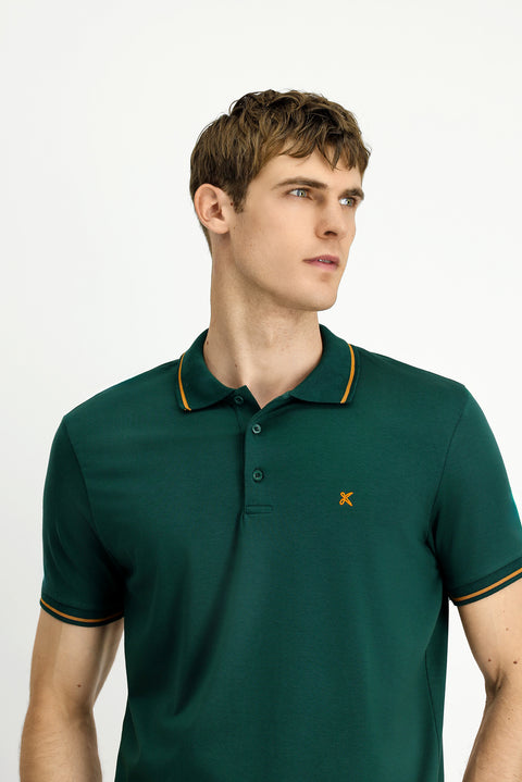 Dark Green Polo Shirt, Slim Fit, Soft Textured, Embroidered, Cotton Lycra, Stretchy T-Shirt