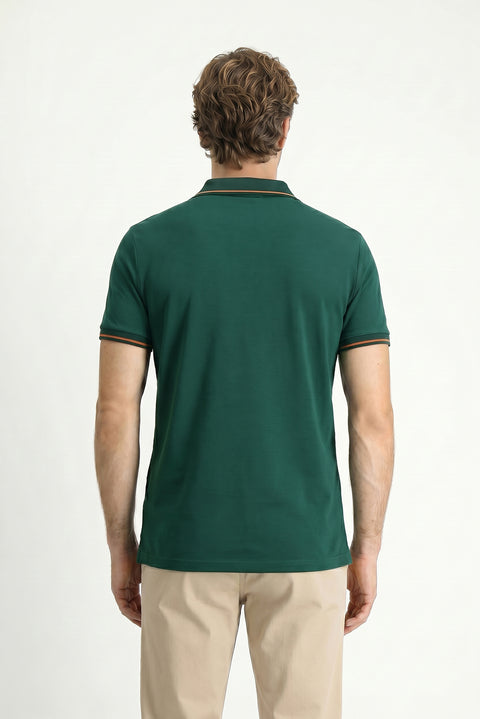 Koyu Yeşil Polo Yaka Slim Fit Yumuşak Dokulu Nakışlı Pamuklu Likralı Esnek Tişört