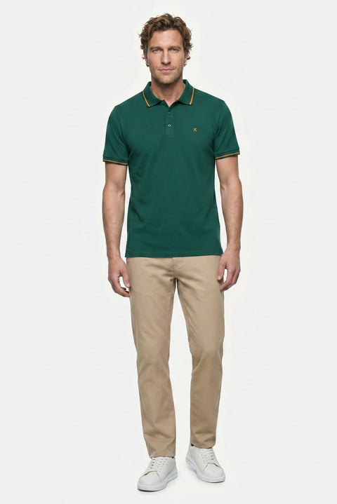 Koyu Yeşil Polo Yaka Slim Fit Yumuşak Dokulu Nakışlı Pamuklu Likralı Esnek Tişört