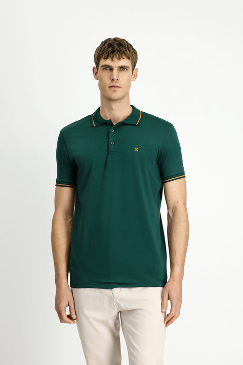 Dark Green Polo Shirt, Slim Fit, Soft Textured, Embroidered, Cotton Lycra, Stretchy T-Shirt