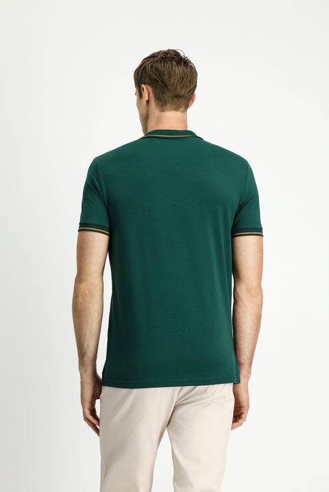 Dark Green Polo Shirt, Slim Fit, Soft Textured, Embroidered, Cotton Lycra, Stretchy T-Shirt