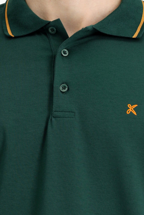 Dark Green Polo Shirt, Slim Fit, Soft Textured, Embroidered, Cotton Lycra, Stretchy T-Shirt