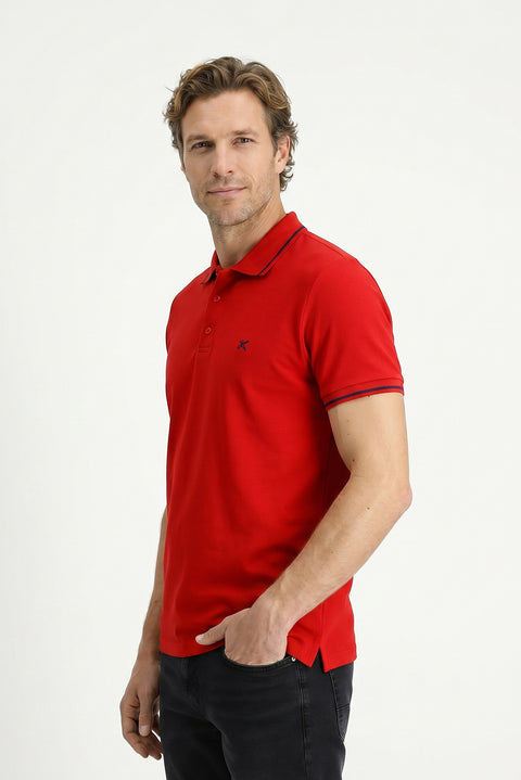 Dark Red Polo Shirt, Slim Fit, Soft Textured Cotton Lycra Stretch T-Shirt