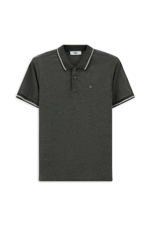 Koyu Antrasit Polo Yaka Slim Fit Yumuşak Dokulu Nakışlı Pamuklu Likralı Esnek Tişört