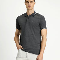 Koyu Antrasit Polo Yaka Slim Fit Yumuşak Dokulu Nakışlı Pamuklu Likralı Esnek Tişört