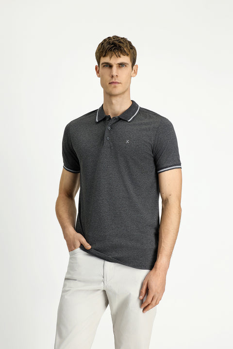 Koyu Antrasit Polo Yaka Slim Fit Yumuşak Dokulu Nakışlı Pamuklu Likralı Esnek Tişört
