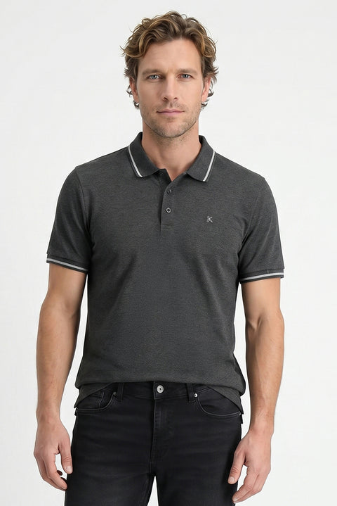 Koyu Antrasit Polo Yaka Slim Fit Yumuşak Dokulu Nakışlı Pamuklu Likralı Esnek Tişört