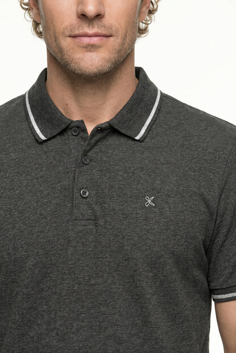 Koyu Antrasit Polo Yaka Slim Fit Yumuşak Dokulu Nakışlı Pamuklu Likralı Esnek Tişört