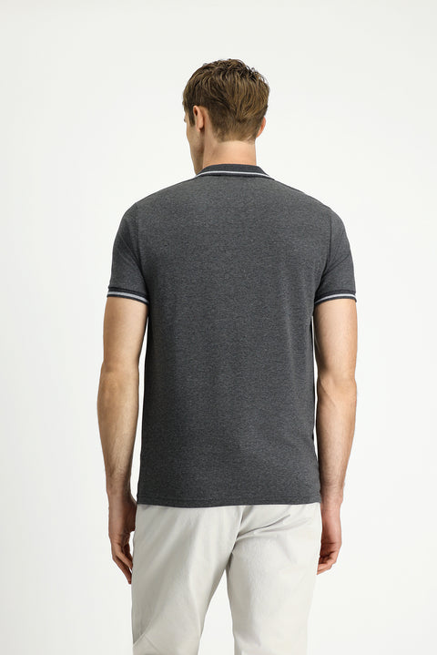 Koyu Antrasit Polo Yaka Slim Fit Yumuşak Dokulu Nakışlı Pamuklu Likralı Esnek Tişört