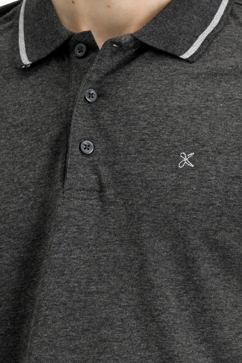 Koyu Antrasit Polo Yaka Slim Fit Yumuşak Dokulu Nakışlı Pamuklu Likralı Esnek Tişört