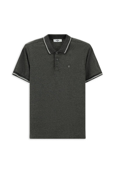 Koyu Antrasit Polo Yaka Slim Fit Dar Kesim Nakışlı Süprem Pamuklu Tişört