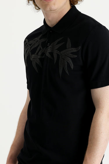 Siyah Polo Yaka Slim Fit Dar Kesim Baskılı Pamuk Tişört