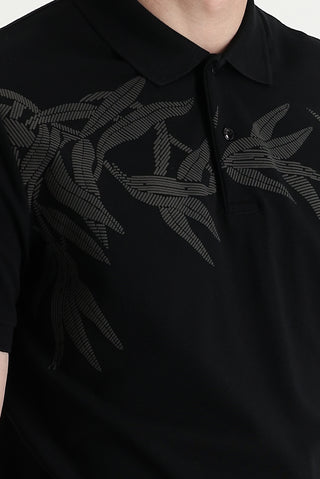  Siyah Polo Yaka Slim Fit Dar Kesim Baskılı Pamuk Tişört