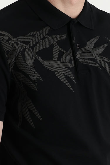 Siyah Polo Yaka Slim Fit Dar Kesim Baskılı Pamuk Tişört