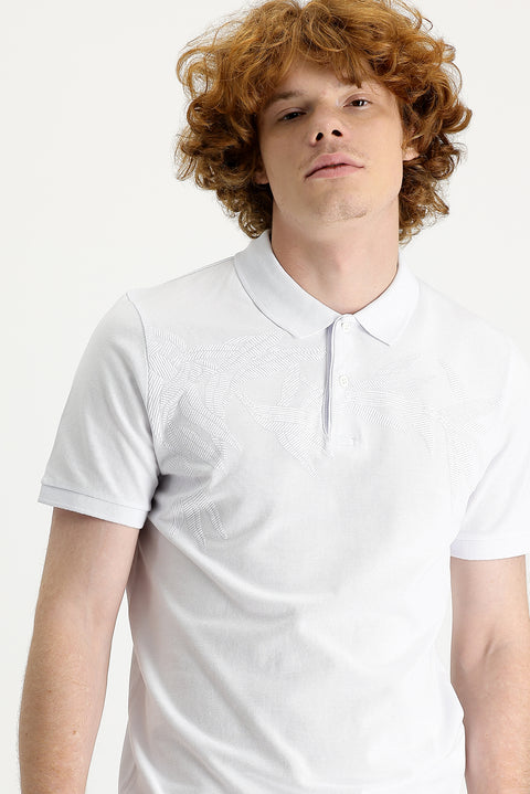 White Polo Collar Slim Fit Printed Cotton T-shirt