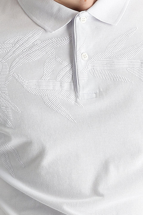 White Polo Collar Slim Fit Printed Cotton T-shirt