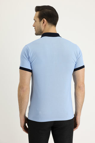  Uçuk Mavi Polo Yaka Slim Fit Dar Kesim Desenli Pamuk Tişört