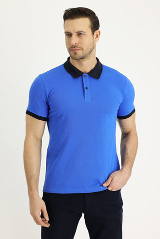  Saks Mavi Polo Yaka Slim Fit Dar Kesim Desenli Pamuk Tişört