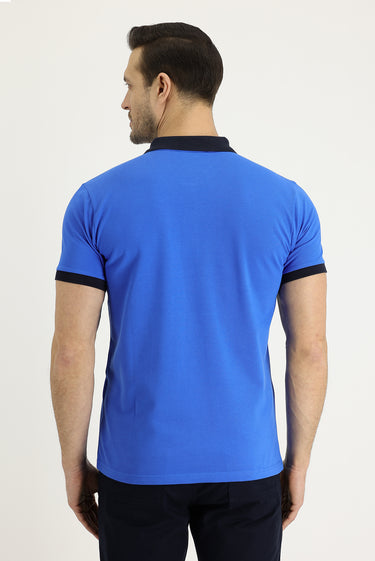 Saks Mavi Polo Yaka Slim Fit Dar Kesim Desenli Pamuk Tişört