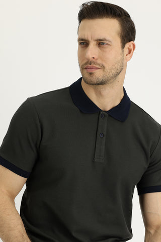  Orta Haki Polo Yaka Slim Fit Dar Kesim Desenli Pamuk Tişört