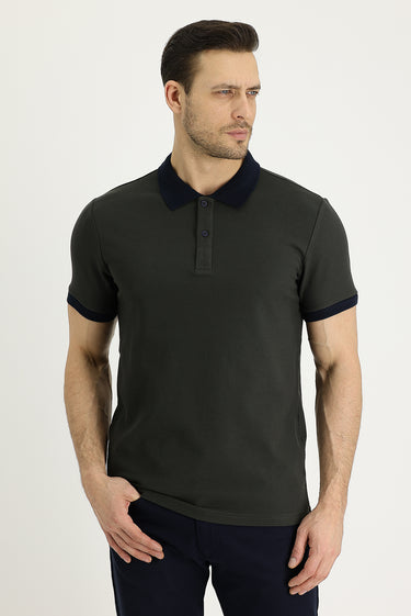 Orta Haki Polo Yaka Slim Fit Dar Kesim Desenli Pamuk Tişört