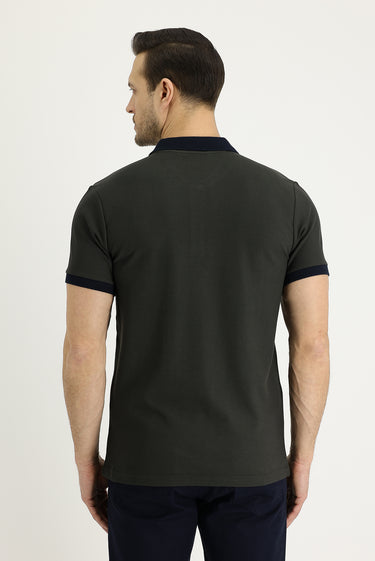 Orta Haki Polo Yaka Slim Fit Dar Kesim Desenli Pamuk Tişört