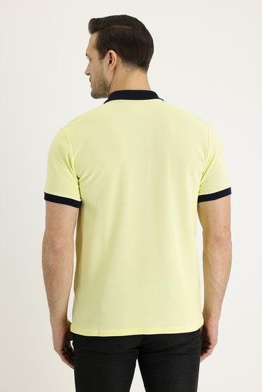 Açık Sarı Polo Yaka Slim Fit Dar Kesim Desenli Pamuk Tişört