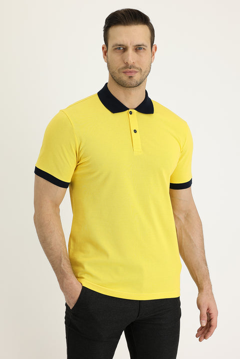 Limon Sarı Polo Yaka Slim Fit Dar Kesim Desenli Pamuk Tişört