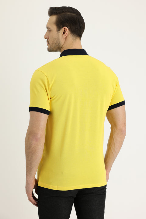 Limon Sarı Polo Yaka Slim Fit Dar Kesim Desenli Pamuk Tişört