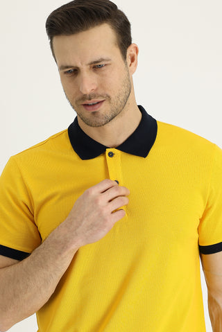  Neon Sarı Polo Yaka Slim Fit Dar Kesim Desenli Pamuk Tişört