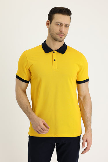 Neon Sarı Polo Yaka Slim Fit Dar Kesim Desenli Pamuk Tişört