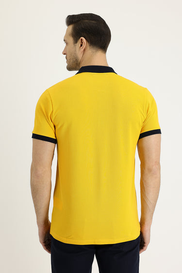 Neon Sarı Polo Yaka Slim Fit Dar Kesim Desenli Pamuk Tişört