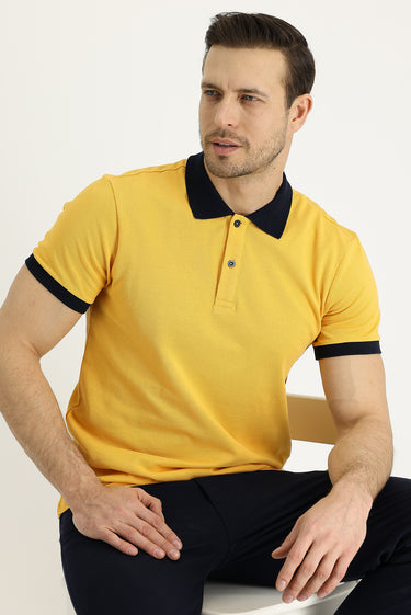 Koyu Sarı Polo Yaka Slim Fit Dar Kesim Desenli Pamuk Tişört