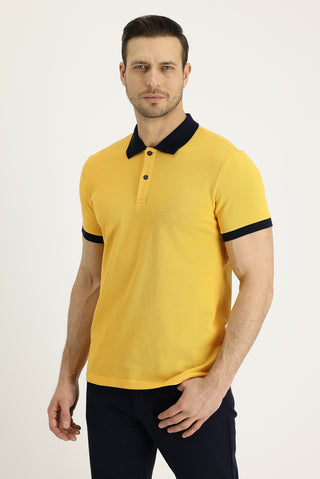  Koyu Sarı Polo Yaka Slim Fit Dar Kesim Desenli Pamuk Tişört