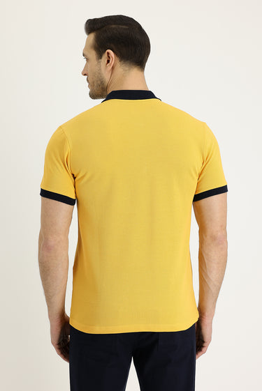 Koyu Sarı Polo Yaka Slim Fit Dar Kesim Desenli Pamuk Tişört